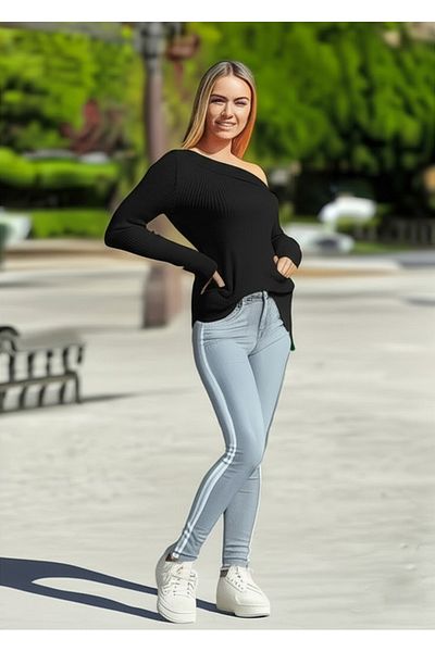 FLEX FASHION New Season Asymmetric Trend Knitwear with Shoulder Details Badi Black