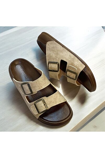 KAFKASLAR AYAKKABI Orthopedic Two-Buckle Men's Cream Slippers