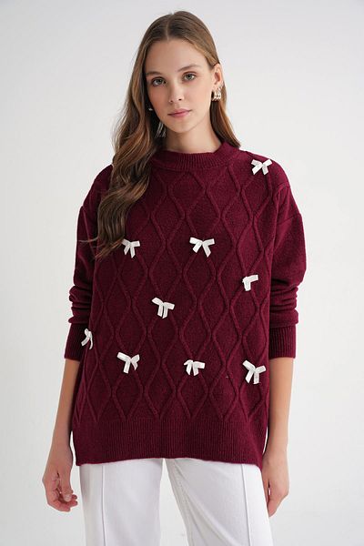 Mixray 6946 Women's Oversize Crew Neck Ribbon Knitwear Sweater Claret Red