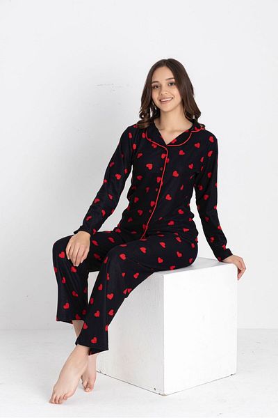 ALİŞ KİDS Women's Cotton Suede Fabric Black Red Heart Patterned Shirt Collar Buttoned Pajama Set