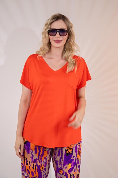 Roxxlen 1122457 Γυναικεία μπλούζα μεγάλου μεγέθους Beria με λαιμόκοψη σε σχήμα V, λουλούδι ρόδι