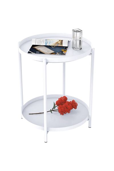 awwaline Round Coffee Table with Two Levels, Metal, White, 42 x 52 cm