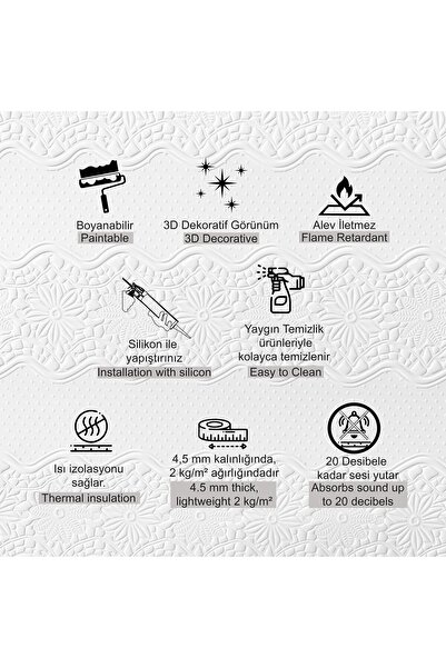 TİNK 3D Duvar Paneli Boyanabilir Dekota 60x120 cm / Çiçek Bahçesi Desenli 2'li paket-1,44 m²