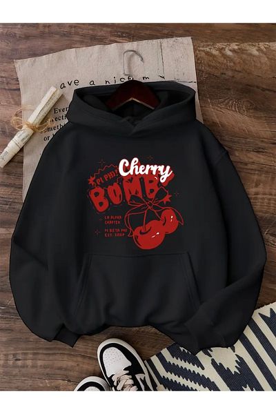 FUFLUNS Cherry Bomb Cherry Printed Oversize Unisex Hooded Sweatshirt