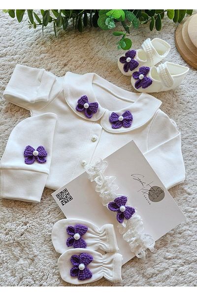 çiğdem kaya design Knitted Purple Bow Vintage Bebe Collar Collar Hospital Outlet