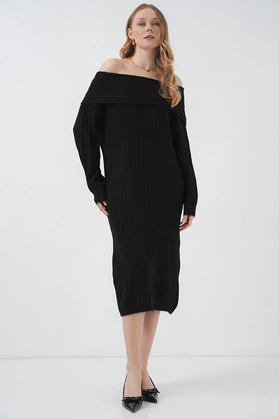 Merterium Women's Madonna Collar Oversize Knitwear Dress Black 1170