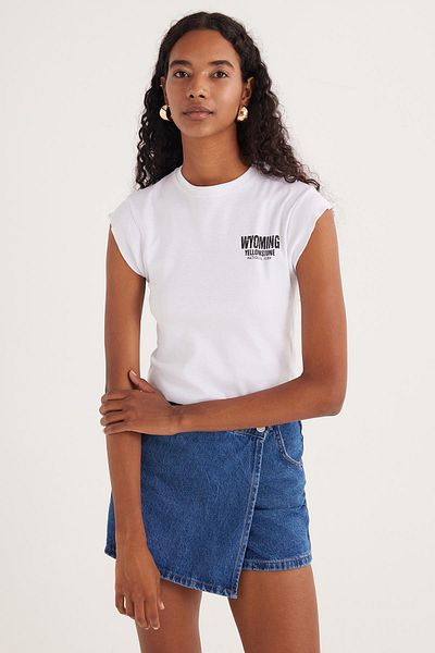 Tudors Women's Slim Fit Ribbed Printed 100% Cotton Crew Neck White T-Shirt