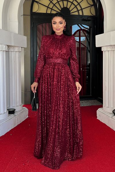 giyimmasalı Sequin Tulle Sequin Fabric Gathered Detailed Kilos Dress - Bordo