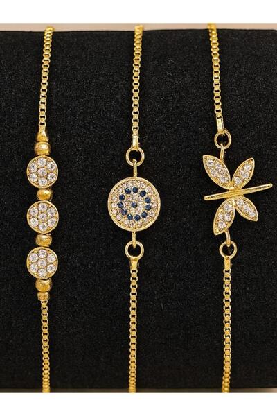 Merand Altın Kaplama Üçlü Zarif Bileklik Seti – Taş Detaylı – Nazar Boncuklu – Şık Kadın Takı