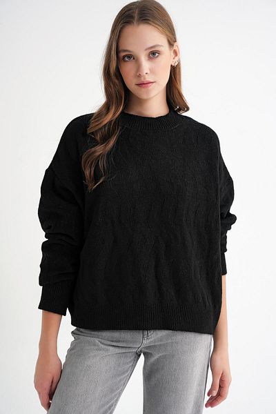 Mixray 6947 Women's Self Patterned Oversize Knitwear Sweater Black