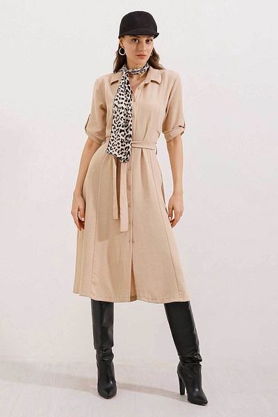 Merterium Women's Belted Shirt Dress Beige 1172