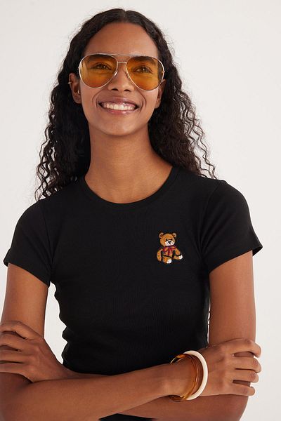Tudors Women's Slim Fit Slim Fit Short Sleeve Crew Neck Embroidered Black T-Shirt