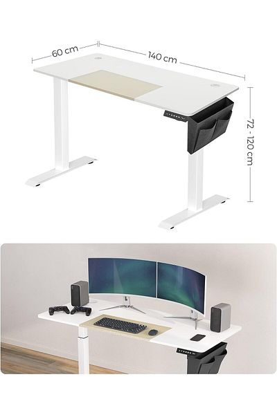 SONGMICS Desk with electric height adjustment, 4 height memory, 60x140x(72-120)cm, white