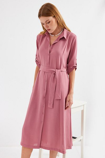 Merterium Women's Belted Shirt Dress A.Dusty Rose 1172