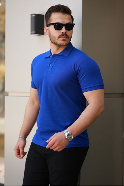 COMBİNE MİCHAİL Men's Basic Short Sleeve Blue Polo Neck T-Shirt