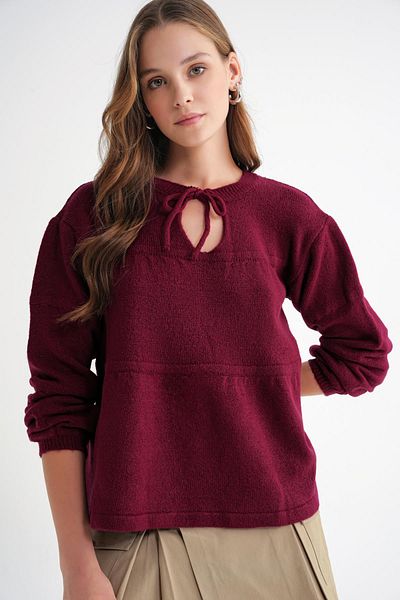 Mixray 6950 Women's Collar Lace-Up Pleated Knitwear Sweater Claret Red