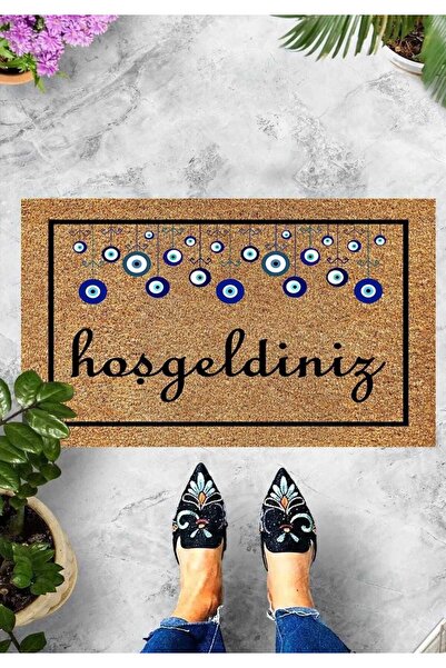 Home Dijital Baskılı Hoşgeldiniz Yazılı Nazar Boncuğu Figürlü Dekoratif Kapı Önü Paspası