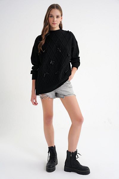 Mixray 6946 Women's Oversize Crew Neck Ribbon Knitwear Sweater Black