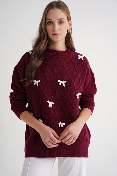 Mixray 6946 Women's Oversize Crew Neck Ribbon Knitwear Sweater Claret Red