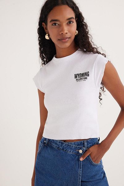 Tudors Women's Slim Fit Ribbed Printed 100% Cotton Crew Neck White T-Shirt