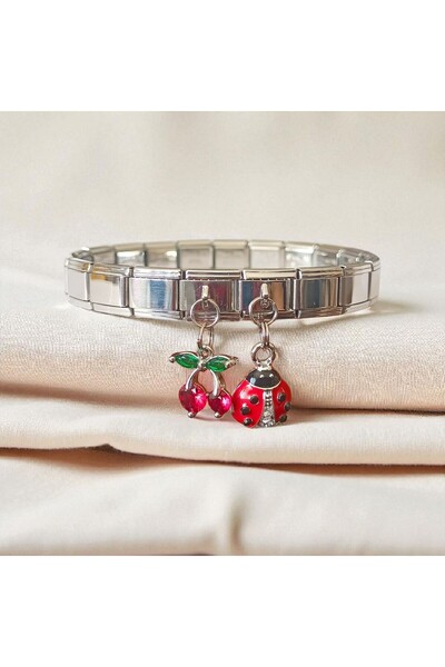 POKAK Italian Charm Cherry Ladybug Charmed Steel Bracelet