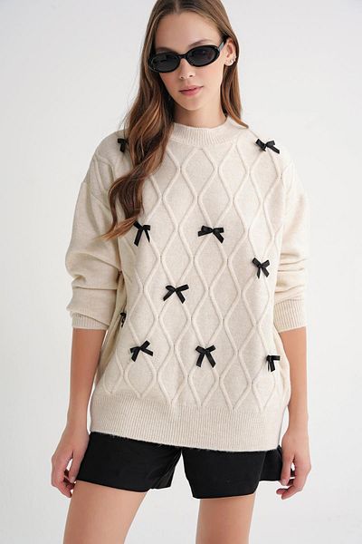 Mixray 6946 Women's Oversize Crew Neck Ribbon Knitwear Sweater Natural