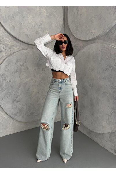 XBELLA DENİM Γυναικείο φαρδύ τζιν με ψηλόμεσο λέιζερ