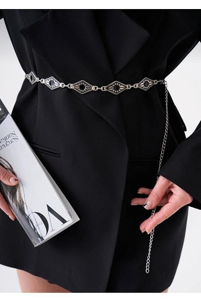 MODAM HİFA Silver Baklava Pattern Chain Belt Women's Belt Dress Belt Shirt Belt Body Belt Waist Belt