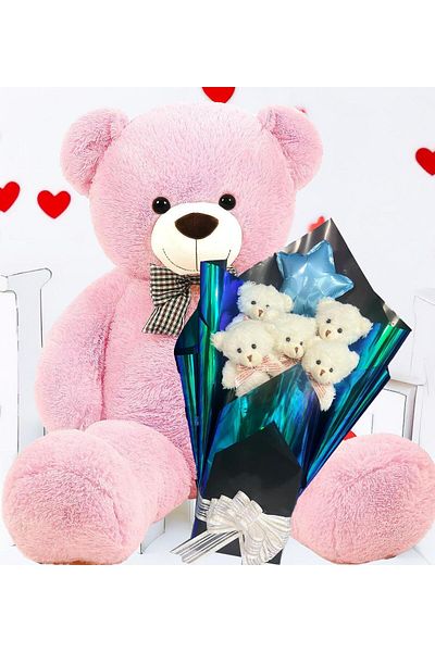 Sole Premium 90 cm Plush Bear and Star Balloon, White Plush Teddy Bear Bouquet in Hologram Presentation