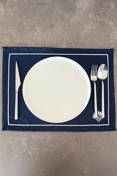 ASDİVA Elira Embroidered Minimal Leaf Detailed Framed 1 Piece American Service 45X35 cm - Navy Blue
