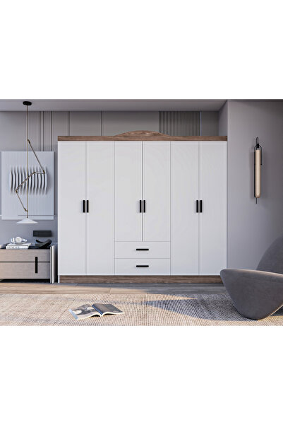 AYMOBSAN Bianca 6 Kapılı 2 Çekmeceli Gardrop Geniş Dolap & Elbise Dolabı Atla...