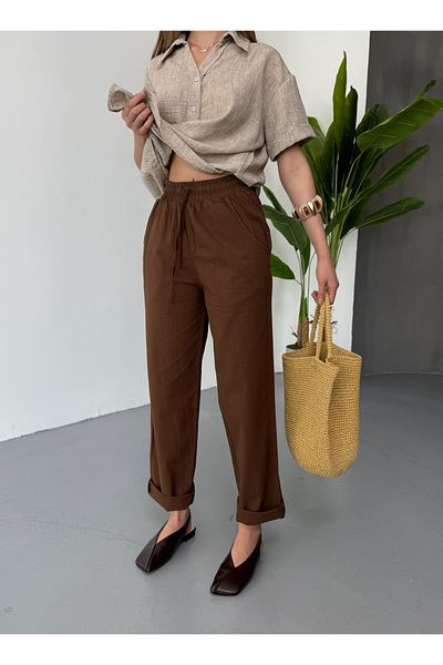 COMBİNE MİCHAİL Women's Elastic Linen Look Brown Trousers