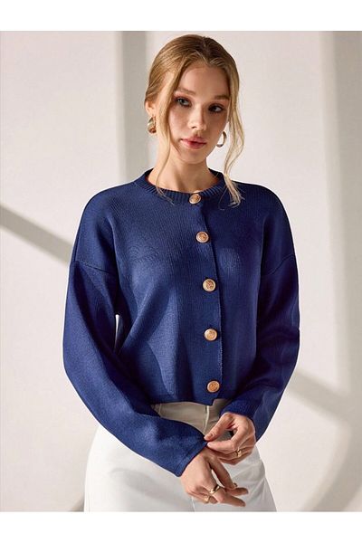 Dier Moda Women's Knitwear Knitted Navy Blue Buttoned Cardigan