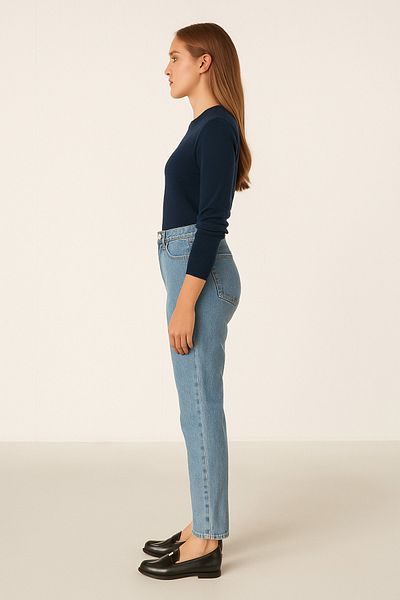 DELDNM Livia Women's Blue High Waist Lycra Fit Casual Mom Jean Denim Pants Boyfriend
