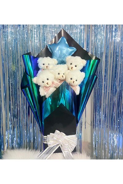 Sole Premium 90 cm Plush Bear and Star Balloon, White Plush Teddy Bear Bouquet in Hologram Presentation