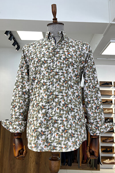 NAZEF Slim Fit High Quality Patterned Cotton Green Shirt