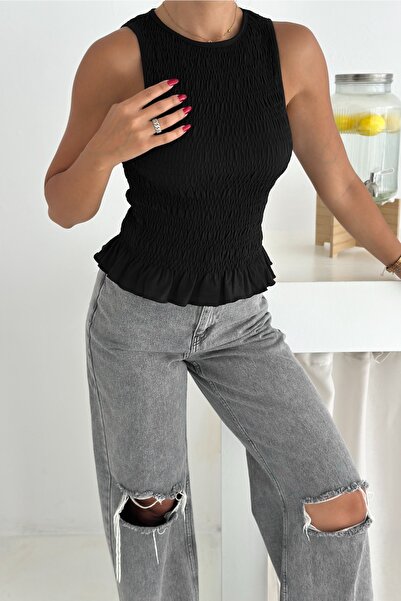 FEMELLE Black Ruffled Gathered 100% Cotton Blouse