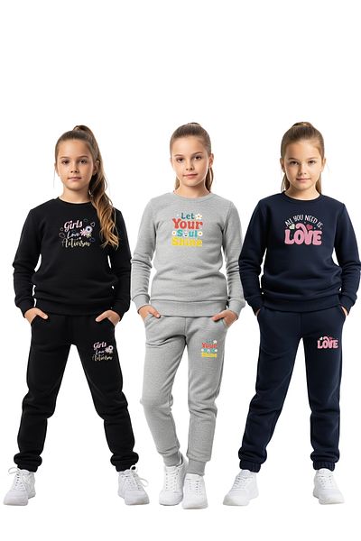 FYK KİDS Plain Round Neck 3-Piece Printed Girls Tracksuit Set