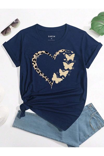 PENTHİLUS Butterflies and Hearts Printed T-Shirt Graphic Tee for Women