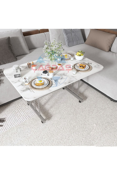 DZGN HOME METAL AYAKLI TEKERLEKLİ EKONOMİK ORTA SEHPA 70 x 110 cm – BEYAZ MERMER