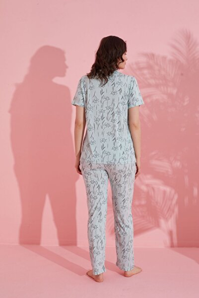 pijamacity KADIN DÜĞMELİ DESENLİ KISA KOLLU PİJAMA TAKIMI