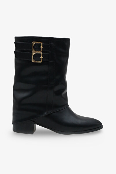 LOJO Kadın Çift Kemer Tokalı Sivri Burun Topuklu Günlük Bot Magris Siyah