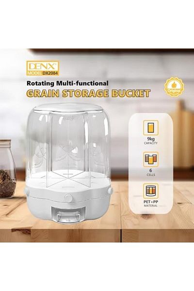 Denx 9kg Rotating Dry Food Storage Container with 6 Sections, 360° Transparent Moisture-Proof Design