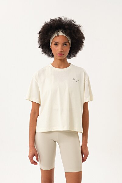 SPORTEMPT Detaliu cu fante cu imprimeu Femei guler rotund tricou - Ecru