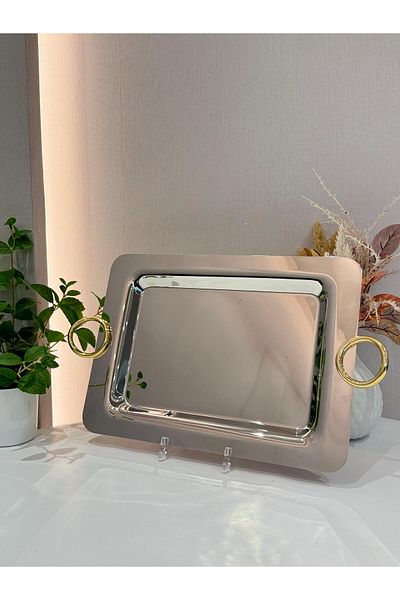 aljahwari Stainless steel serving tray with a round handle, size 36 x 26 cm