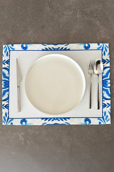 ASDİVA Flowa Ethnic Motif Floral White Floor 1 Piece American Service – White/Blue 45X35 cm