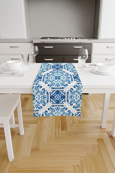 ASDİVA Flowa Ethnic Floral Patterned Runner – Elegant Ethnic Pattern on Blue and White Background 40X140 cm