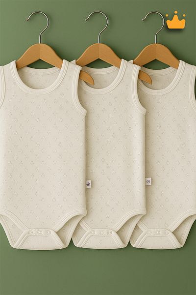 Babyhola 0-3 Years 100% Cotton Wide Strap 3-Piece Baby Badi Heart Patterned Woven Baby Snap Body Ecru 1080