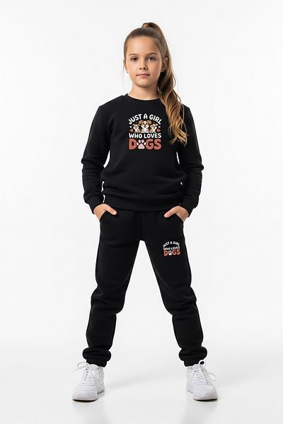 FYK KİDS Plain Round Neck 3-Piece Printed Girls Tracksuit Set