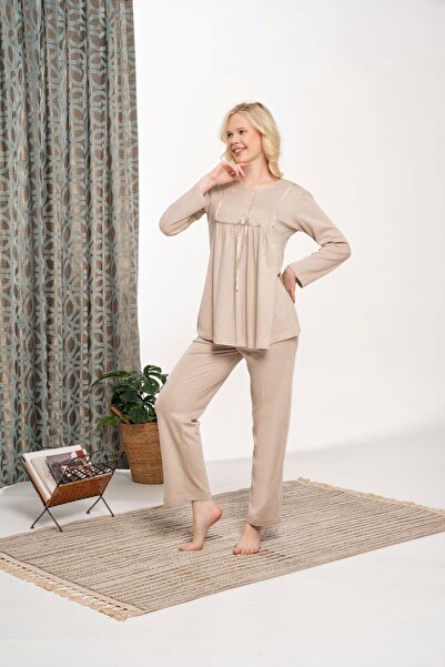 Pelin Women's Beige Patchwork Pajama Set (Large Size)